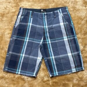 Y2K Micros Mens Plaid Shorts Size 32 Blue Casual Flat Front Walking Skater